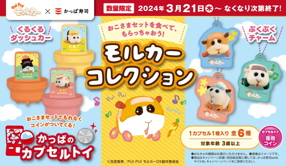 人気アニメ「PUI PUI モルカー」とかっぱ寿司コラボの限定アイテム6種が登場　おこさまセットを食べてもらえる！『モルカーコレクション』