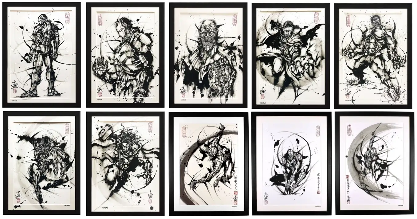 「アイアンマン」「スパイダーマン」など、こうじょう雅之が水墨画でダイナミックに描くマーベル武人画の原画10種蔵出し