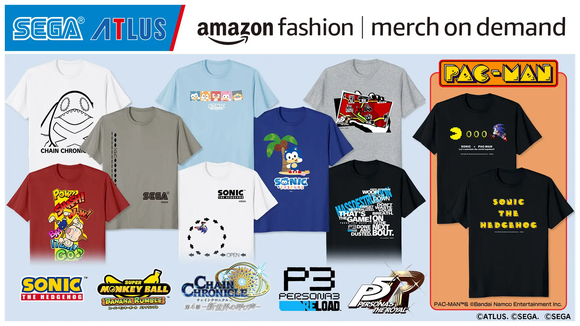 セガロゴやセガ／アトラスの人気タイトルのアパレルがAmazon Merch on Demandに登場